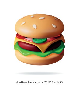 3D Tasty Burger Isolated on White. Render Burger Icon with Salted Cucumber, Salad, Tomato, Cheese, Sauce, Bun with Sesame Seeds and Beef Cutlet. Cheeseburger Fast Food. Realistic Vector Illustration.