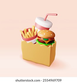 3D tasty burger, red glass with drinking straw, french fries Isolated. Render cup of cola with fries and cheeseburger in paper bag. Fast food take away concept. Realistic vector illustration