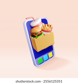 3D tasty burger, red glass with drinking straw, french fries in smartphone. Render cup of cola with fries and cheeseburger in paper bag. Fast food delivery concept. Realistic vector illustration