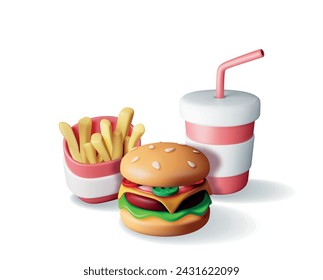 Hamburguesa sabrosa 3D, vidrio de papel rojo con paja de beber, papas fritas aisladas. Taza de Cola con Papas Fritas y Hamburguesa con Queso. Concepto de comida rápida. Ilustración vectorial realista