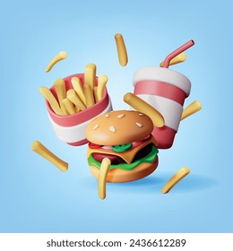 3D Tasty Burger, Red Paper Glass with Drinking Straw, French Fries Isolated. Render Cup of Cola with Fries and Cheeseburger. Fast Food Concept. Realistic Vector illustration