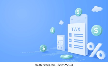 3d TAX and dollar money with smartphone background. financial management concept. Tax calculating and accounting. vector art illustration.