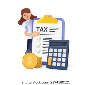 3D tax form Accounting and Taxation concept. Vector cartoon illustration in a trendy 3D cartoon style of a young woman doing finance calculations on a calculator. Business finances icons Isolated