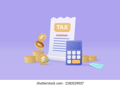 3d tax payment and business tax with money coin, calculator and tax form. Composition with financial annual accounting, calculating and paying invoice. 3d tax payment vector icon render illustration
