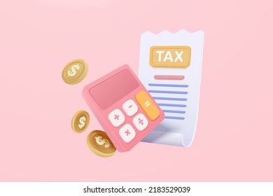 3d tax payment and business tax with money coin, calculator 3d and tax calculate. Composition with financial annual accounting, calculating and invoice. 3d tax payment vector icon render illustration