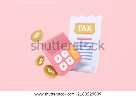 3d tax payment and business tax with money coin, calculator 3d and tax calculate. Composition with financial annual accounting, calculating and invoice. 3d tax payment vector icon render illustration