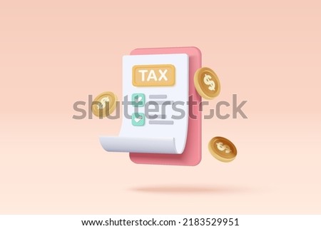 3d tax payment and business tax with money coin on clipboard checklist. Composition with financial annual accounting, calculating and paying invoice. 3d tax payment vector icon render illustration