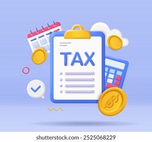 3D tax poster. Clipboard with calculator and golden coins. Financial management and literacy. Taxation, investment and credit. Accounting and budgeting. Isometric vector illustration