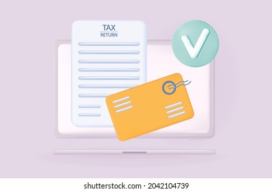 3d tax return document online. Financial statement of the business. Report of the accepted, approved declaration by e-mail in an envelope. Earned profit in an electronic tax document. Vector