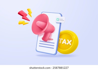 3d tax statistic icon with megaphone shouting or loud speak bullhorn for announce. Composition report with annual accounting, calculate risk and pay invoice. 3d tax vector icon render illustration