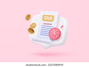 3d tax statistic and wealth management on clipboard checklist. Composition report with financial annual accounting, calculate risk and plan pay invoice. 3d tax strategy vector icon render illustration