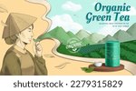 3D tea canister and teacup on wooden display podium. Engraved style planter smelling tea leaf with smoke cloud of plantation background.