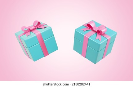 3D Teal giftboxes with pink ribbons. Illustration of two wrapped turquoise presents with pink ribbons tied upon the lids