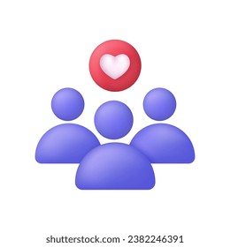 3D Team with heart icon. Voluntary people unity. Customer feedback icon. Trendy and modern vector in 3d style.