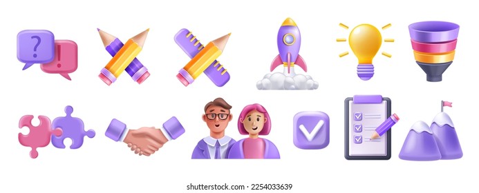 3D teamwork partner person avatar icon set, vector puzzle, handshake, partnership project funnel. Business management strategy, success cup, startup rocket. 3D teamwork user connect company concept