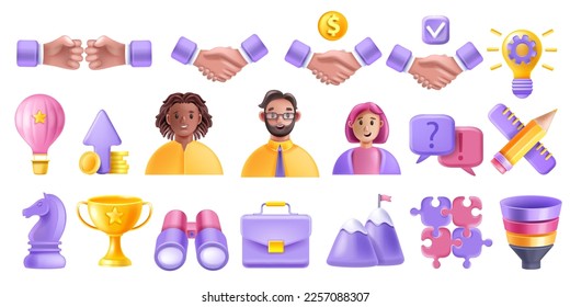 3D teamwork partner person avatar vector icon set, handshake, puzzle, partnership project funnel. Business management strategy, success cup, startup rocket. 3D teamwork user connect company concept