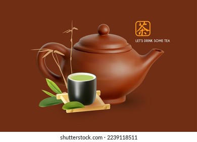 3D teapot and tea cup with scoop and bamboo on white background. Chinese tea ceremony