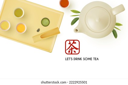 tetera 3D y tazas de té con bandeja sobre fondo blanco. Vista superior. Ceremonia de té de China