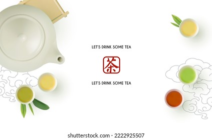 3D Teapot And Tea Cups With Tray On White Background. Top View. Chinese Tea Ceremony