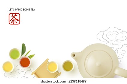 3D teapot and tea cups with tray on white background. Top view. Chinese tea ceremony