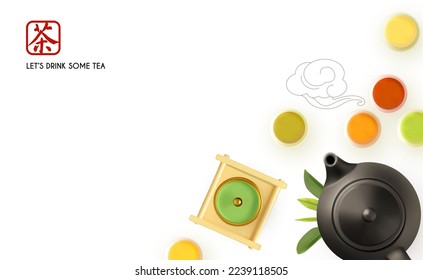 3D teapot and tea cups with tray on white background. Top view. Chinese tea ceremony