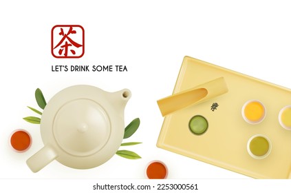 3D teapot and tea cups with tray on white background. Top view. Chinese tea ceremony