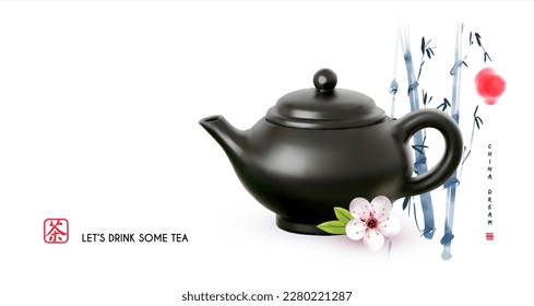 3D teapot with watercolor bamboo background. Chinese tea ceremony