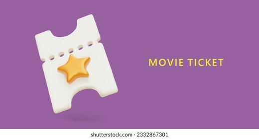 3D tear off movie ticket. Perforated coupon with gold star. Paid pass to cinema. Online booking, purchase of tickets. Advertising poster on purple background, place for text