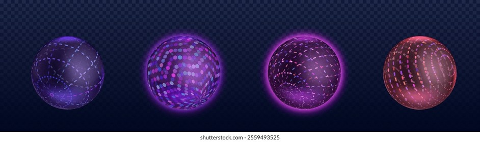 3D tech globes set isolated on transparent background. Vector realistic illustration of planet balls with neon dot, line, wireframe pattern, global communication technology symbol, internet icon