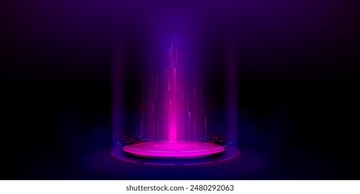 3d tech hologram podium or light portal platform. Pink neon game stage. Hud futuristic teleport with fantasy glow effect. Cyber casino design with round base element to display product