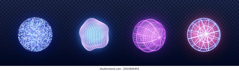 3D tech spheres set isolated on transparent background. Vector realistic illustration of abstract globes with neon line grid, wireframe pattern, global communication technology symbol, internet icon