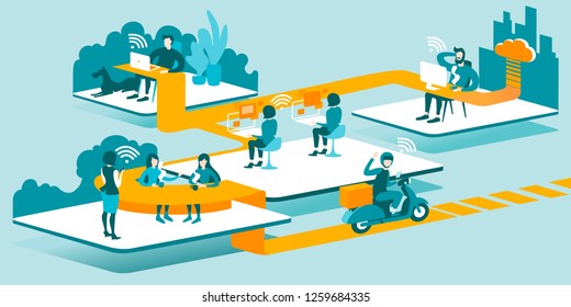 3D Technical Illustration explaining how cloud computing enhancing our ability to work anywhere. Isometric layout explaining the principle of remote work in the office through the cloud.