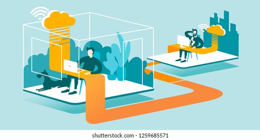 3D Technical Illustration explaining how cloud computing enhancing our ability to work anywhere. Isometric layout explaining the principle of remote work in the office through the cloud.