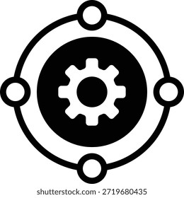 Una ilustración técnica 3D de un engranaje rodeado de orbitales, ideal para contenido de ingeniería, maquinaria o tecnología.