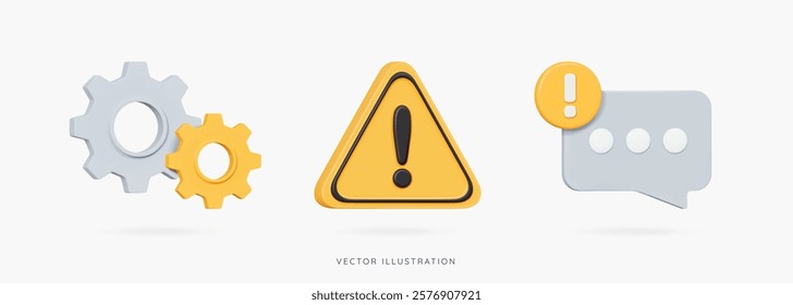 3D Technical problems icon set. Attention sign with exclamation mark in yellow triangle, speech bubble message and gear. Computer system error. Cartoon design icons isolated. 3D Vector illustration