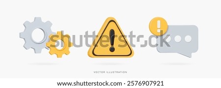 3D Technical problems icon set. Attention sign with exclamation mark in yellow triangle, speech bubble message and gear. Computer system error. Cartoon design icons isolated. 3D Vector illustration