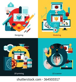 3d technology 2x2 flat concept set of designing modeling 3d printing and 3d scanning vector illustration    