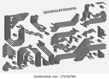 3D technology background with circuit board elements. Vector illustration. 