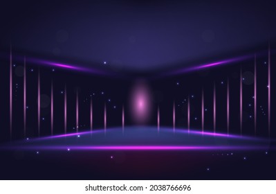 3d technology background. Room with neon lights. Ultraviolet abstract background with neon corridor. Vector