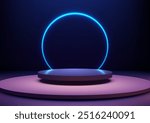 3D Technology Display with Neon Blue Light Above Circular Platform, Perfect for Futuristic Mockups, Showroom Displays, and Stylish Showcases on a Dark Purple Scene