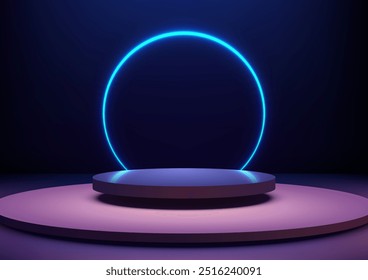 3D Technology Display with Neon Blue Light Above Circular Platform, Perfect for Futuristic Mockups, Showroom Displays, and Stylish Showcases on a Dark Purple Scene