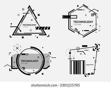 3d Technology Icon HUD in Black and White Color. Set Digital Futuristic Interface for Web, Poster, Banner. Tech Abstract Element Creative Cyberspace. Sci-fi Design in Vector Illustration.
