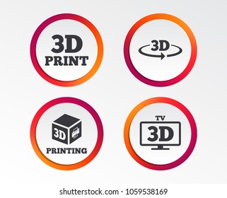 3d technology icons. Printer, rotation arrow sign symbols. Print cube. Infographic design buttons. Circle templates. Vector