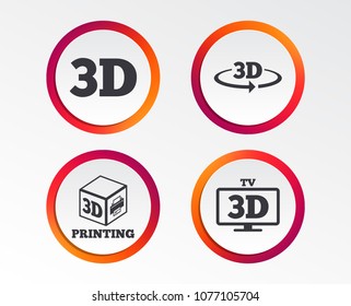 3d technology icons. Printer, rotation arrow sign symbols. Print cube. Infographic design buttons. Circle templates. Vector