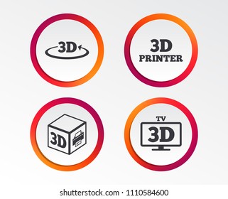 3d technology icons. Printer, rotation arrow sign symbols. Print cube. Infographic design buttons. Circle templates. Vector