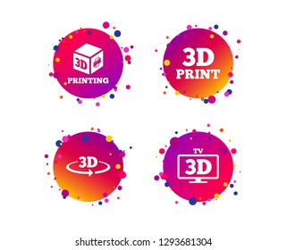 3d technology icons. Printer, rotation arrow sign symbols. Print cube. Gradient circle buttons with icons. Random dots design. Vector