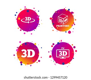 3d technology icons. Printer, rotation arrow sign symbols. Print cube. Gradient circle buttons with icons. Random dots design. Vector
