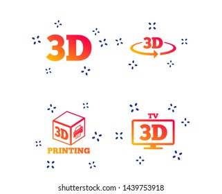 3d technology icons. Printer, rotation arrow sign symbols. Print cube. Random dynamic shapes. Gradient 3d icon. Vector