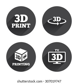 3d technology icons. Printer, rotation arrow sign symbols. Print cube. Circles buttons with long flat shadow. Vector