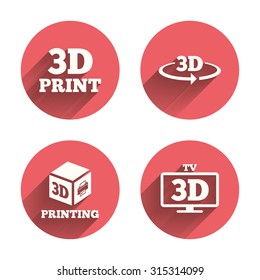 3d technology icons. Printer, rotation arrow sign symbols. Print cube. Pink circles flat buttons with shadow. Vector